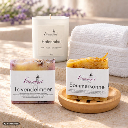 Abendruhe – Sanftes Duo: Lavendelmeer und Sommersonne Naturseifen, Hafenruhe Duftkerze mit wählbarer Glasfarbe, runde Holzschale und weißes Gästehandtuch. Beispielkombination.