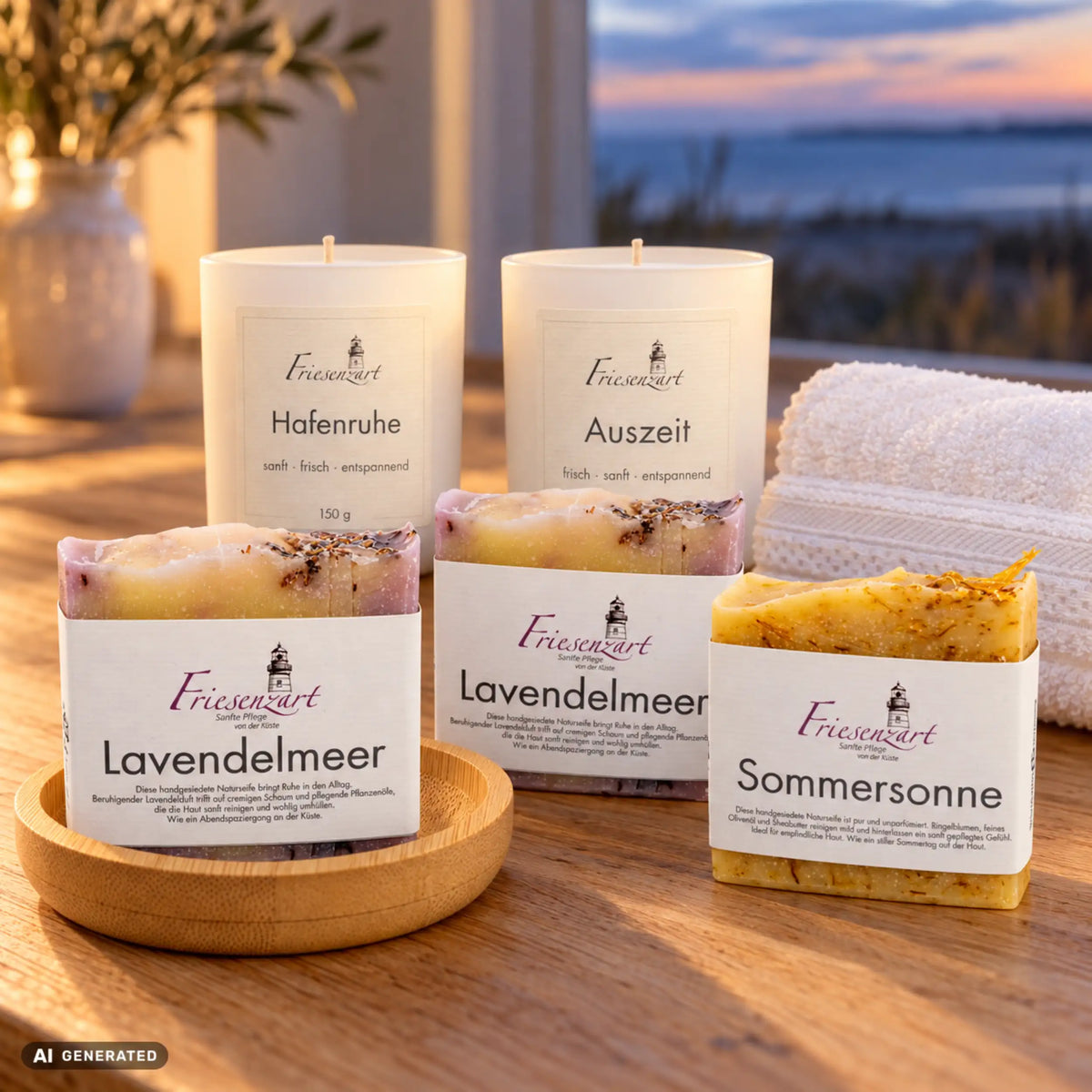 Abendruhe – Zeit für mich: drei Naturseifen, Hafenruhe und Auszeit mit einzeln wählbarer Glasfarbe, runde Holzschale und weißes Gästehandtuch. Beispielkombination.