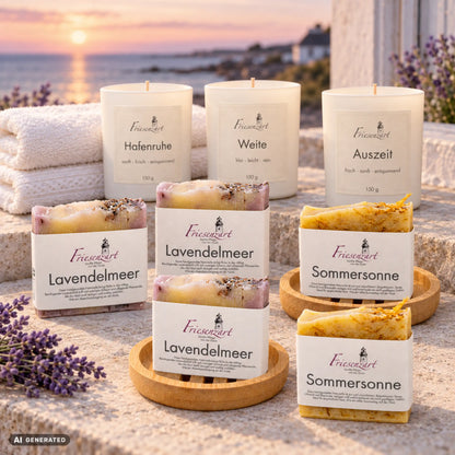 Abendruhe – Lange Auszeit: fünf Naturseifen, drei Duftkerzen mit einzeln wählbarer Glasfarbe, zwei runde Holzschalen und zwei weiße Gästehandtücher. Beispielkombination.