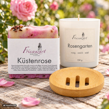 Rosenglück – Kleine Blüte: Küstenrose Naturseife, Rosengarten Duftkerze mit wählbarer Glasfarbe und runde Holzschale. Beispielkombination.