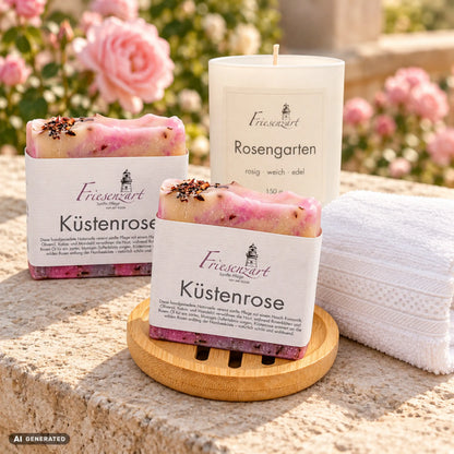 Rosenglück – Blütenpaar: zwei Küstenrose Naturseifen, Rosengarten Duftkerze mit wählbarer Glasfarbe, runde Holzschale und weißes Gästehandtuch. Beispielkombination.