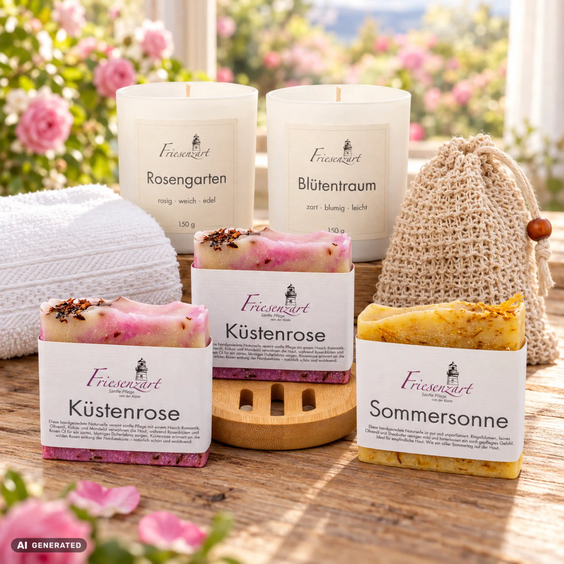 Rosenglück – Blütenauszeit: drei Naturseifen, Rosengarten und Blütentraum mit einzeln wählbarer Glasfarbe, Holzschale, Leinenbeutel und weißes Gästehandtuch. Beispielkombination.