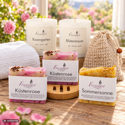 Rosenglück – Blütenauszeit: drei Naturseifen, Rosengarten und Blütentraum mit einzeln wählbarer Glasfarbe, Holzschale, Leinenbeutel und weißes Gästehandtuch. Beispielkombination.