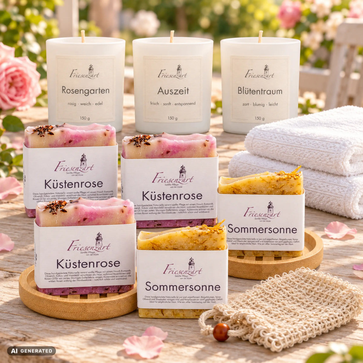 Rosenglück – Großer Rosengruß: fünf Naturseifen, drei Duftkerzen mit einzeln wählbarer Glasfarbe, zwei Holzschalen, Leinenbeutel und zwei weiße Gästehandtücher. Beispielkombination.