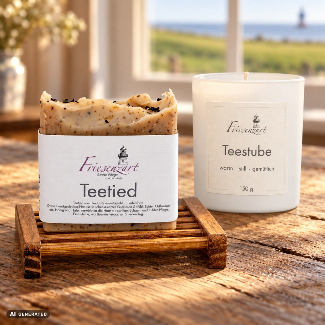 Teepause am Deich – Kleine Teetied: Teetied Naturseife, Teestube Duftkerze mit wählbarer Glasfarbe und dunkles Holz-Seifengitter. Beispielkombination.