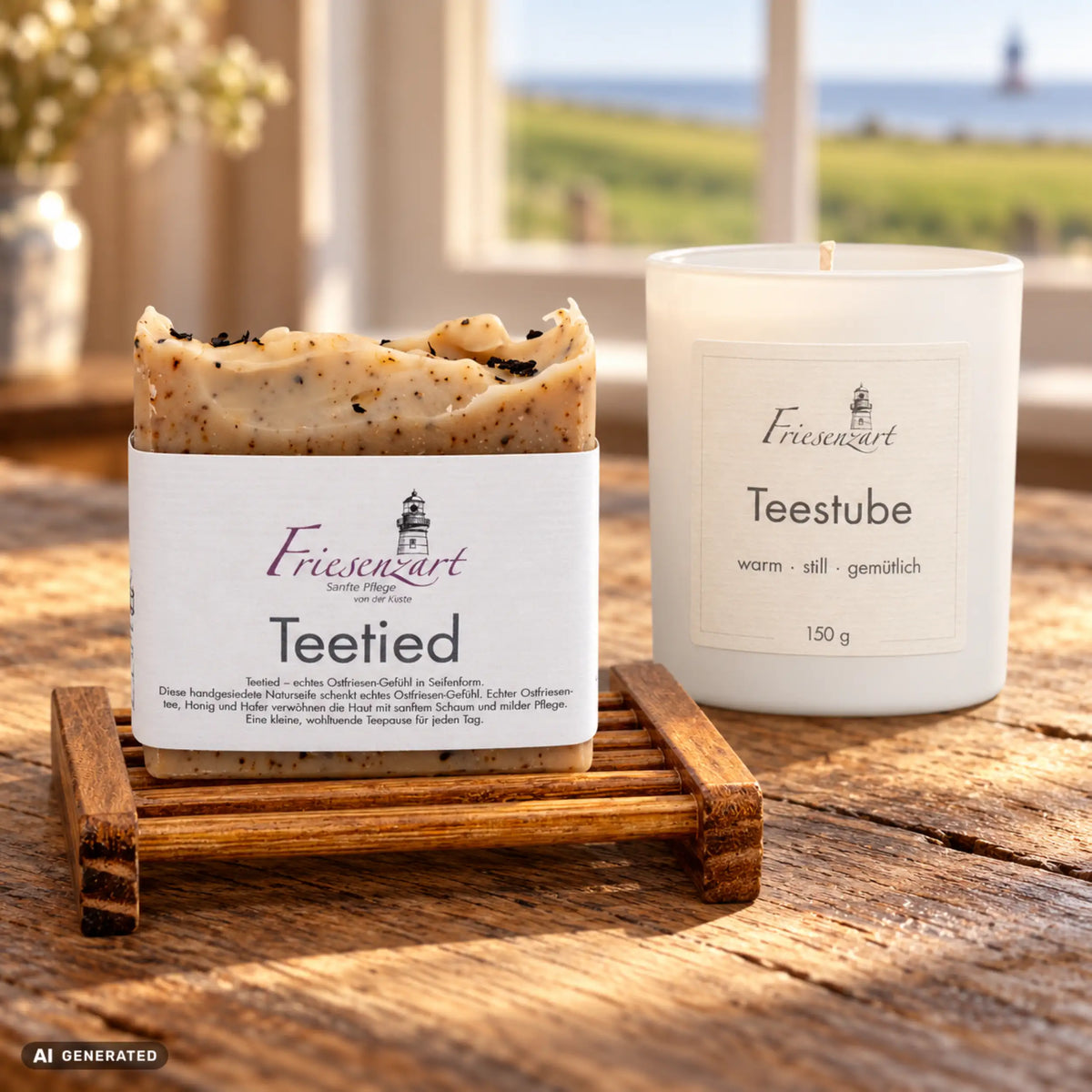 Teepause am Deich – Kleine Teetied: Teetied Naturseife, Teestube Duftkerze mit wählbarer Glasfarbe und dunkles Holz-Seifengitter. Beispielkombination.