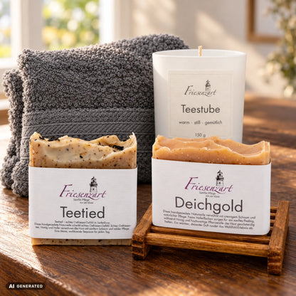 Teepause am Deich – Tee &amp; Honig: Teetied und Deichgold Naturseifen, Teestube Duftkerze mit wählbarer Glasfarbe, dunkles Seifengitter und graues Gästehandtuch. Beispielkombination.