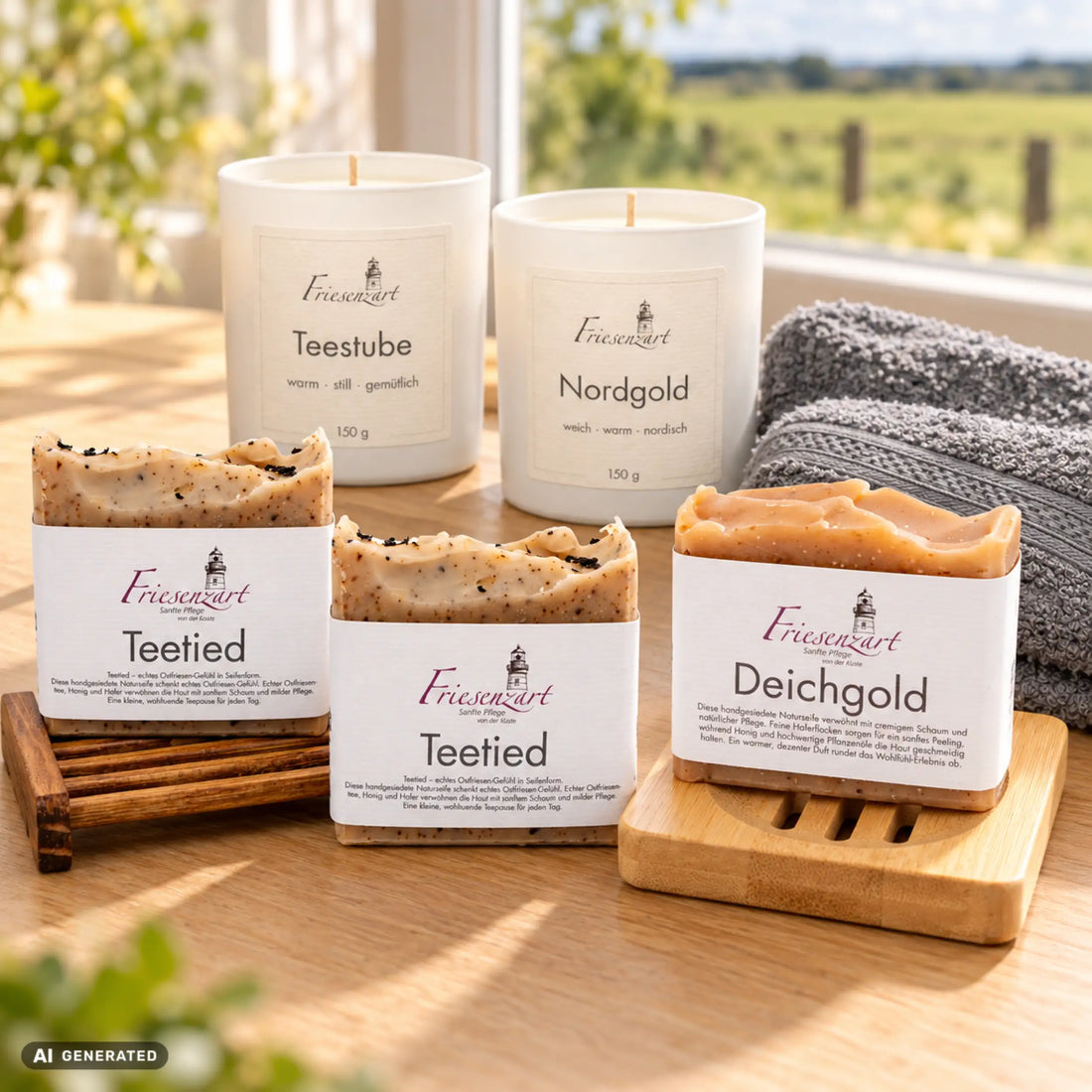 Teepause am Deich – Gemütlicher Nachmittag: drei Naturseifen, Teestube und Nordgold mit einzeln wählbarer Glasfarbe, Seifengitter, Holzschale und graues Gästehandtuch. Beispielkombination.