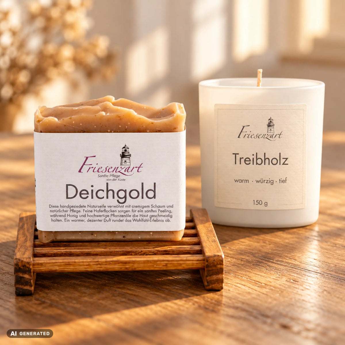 Warme Stube – Honigmoment: Deichgold Naturseife, Treibholz Duftkerze mit wählbarer Glasfarbe und dunkles Holz-Seifengitter. Beispielkombination.