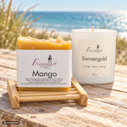 Sonnenzeit – Kleiner Sonnenstrahl: Mango Naturseife, Sonnengold Duftkerze mit wählbarer Glasfarbe und helles Holz-Seifengitter. Beispielkombination.