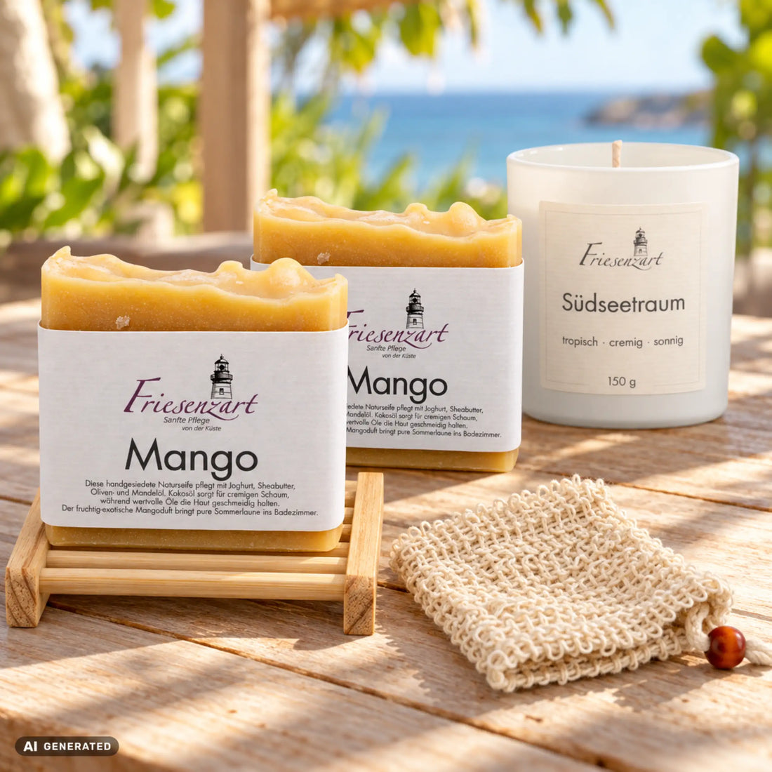 Sonnenzeit – Mangoglück: zwei Mango Naturseifen, Südseetraum Duftkerze mit wählbarer Glasfarbe, helles Holz-Seifengitter und Leinenbeutel. Beispielkombination.