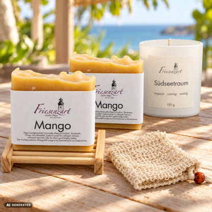Sonnenzeit – Mangoglück: zwei Mango Naturseifen, Südseetraum Duftkerze mit wählbarer Glasfarbe, helles Holz-Seifengitter und Leinenbeutel. Beispielkombination.