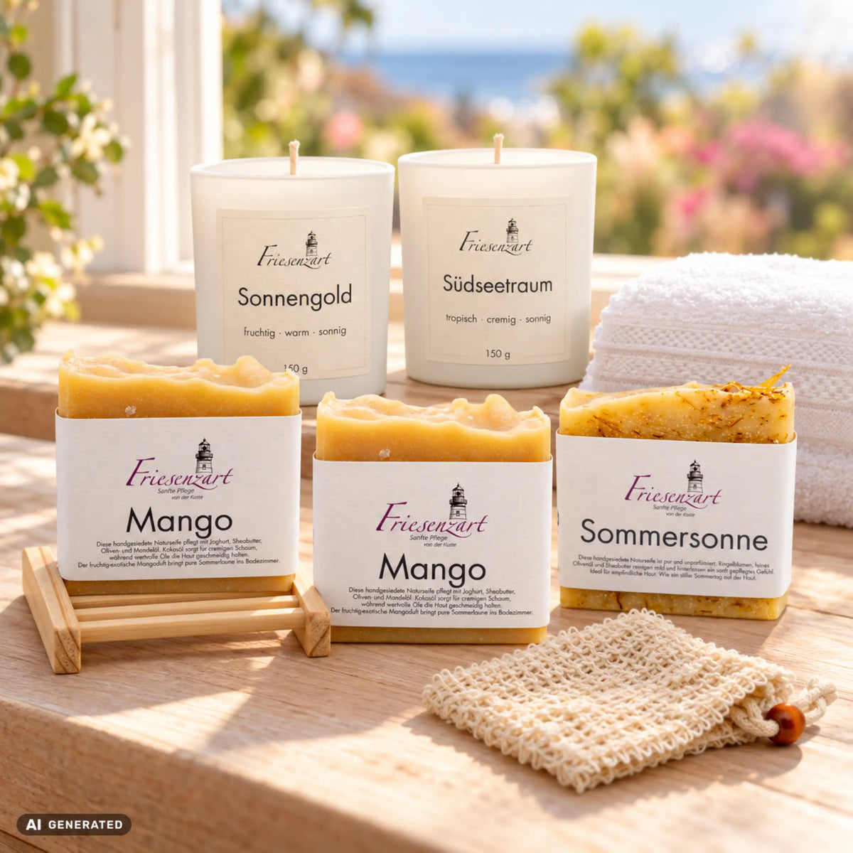 Sonnenzeit – Tropische Auszeit: drei Naturseifen, Sonnengold und Südseetraum mit einzeln wählbarer Glasfarbe, helles Seifengitter, Leinenbeutel und weißes Gästehandtuch. Beispielkombination.