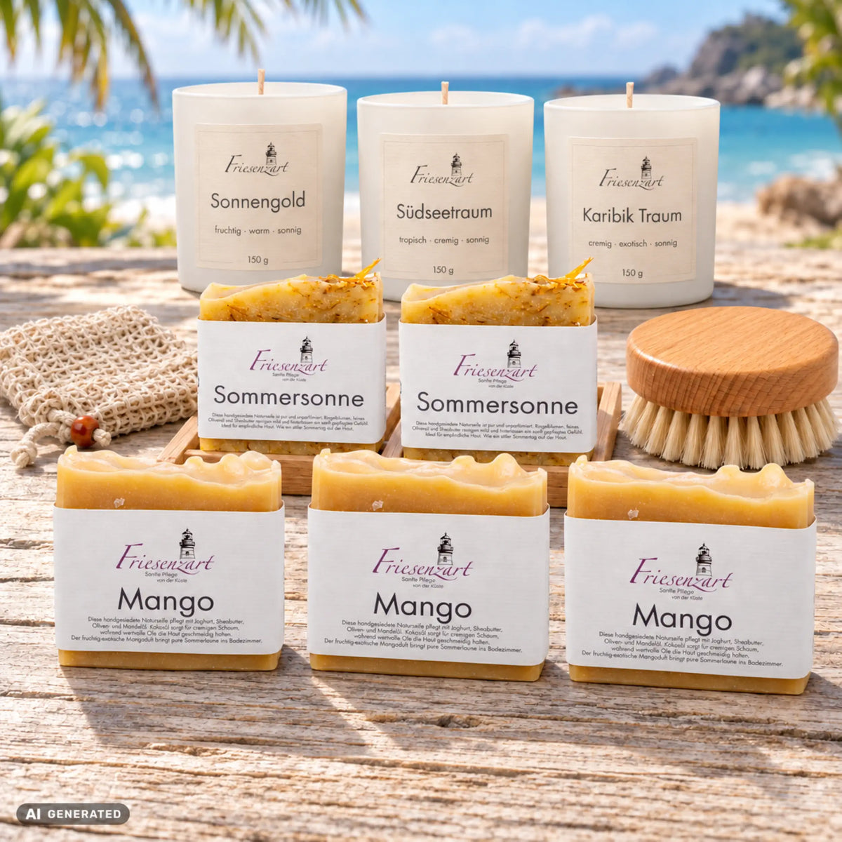 Sonnenzeit – Urlaubsvorrat: fünf Naturseifen, drei Duftkerzen mit einzeln wählbarer Glasfarbe, zwei helle Seifengitter, Leinenbeutel und Badebürste. Beispielkombination.