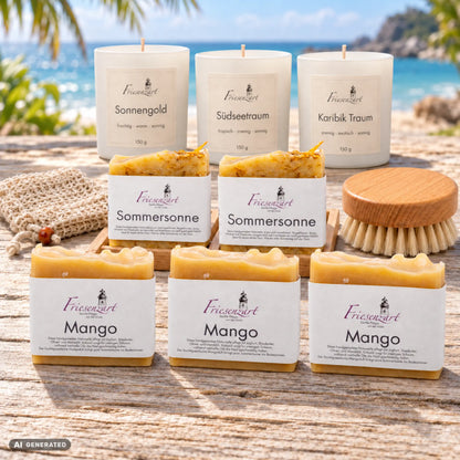Sonnenzeit – Urlaubsvorrat: fünf Naturseifen, drei Duftkerzen mit einzeln wählbarer Glasfarbe, zwei helle Seifengitter, Leinenbeutel und Badebürste. Beispielkombination.