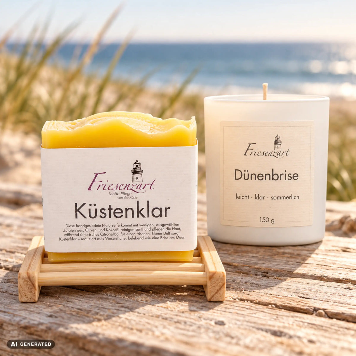 Sommerabend – Zitronenbrise: Küstenklar Naturseife, Dünenbrise Duftkerze mit frei wählbarer Glasfarbe und helles Seifengitter. Beispielkombination.