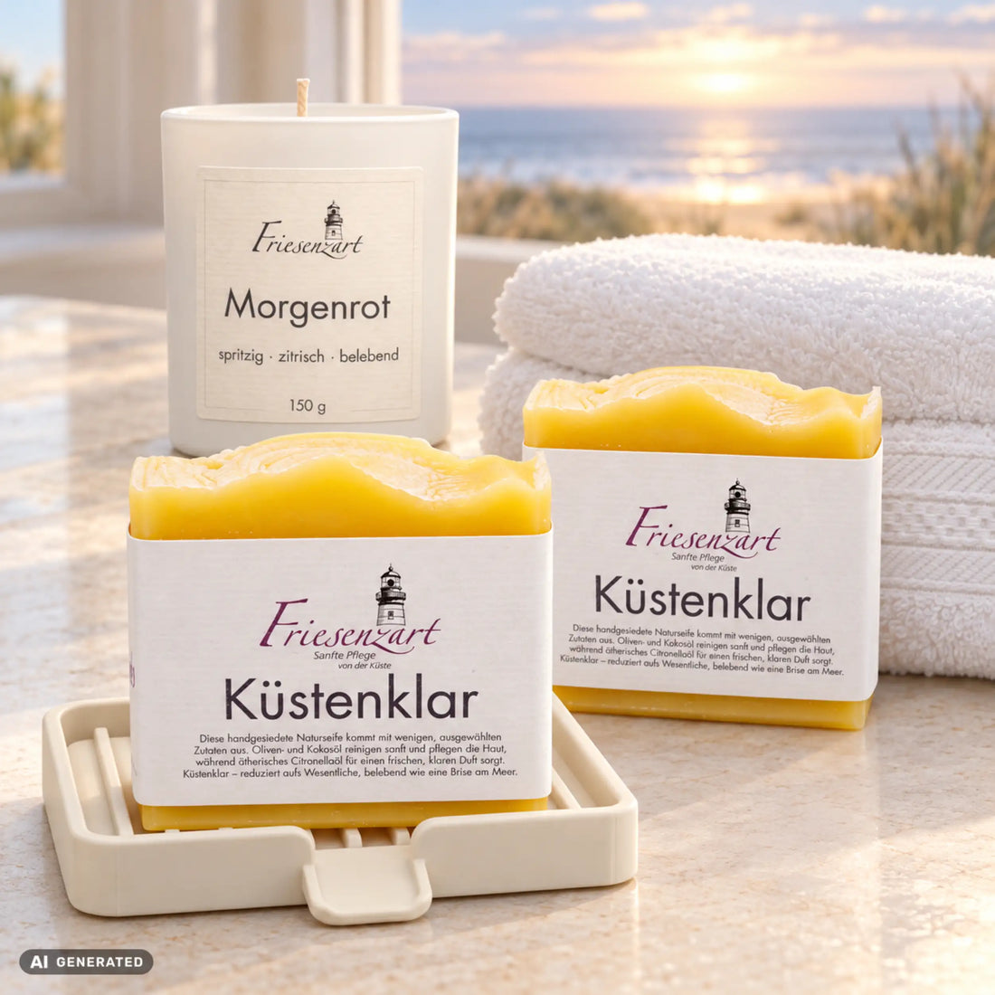 Sommerabend – Morgenfrische: zwei Küstenklar Naturseifen, Morgenrot Duftkerze mit frei wählbarer Glasfarbe, weiße Ablaufschale und weißes Gästehandtuch. Beispielkombination.