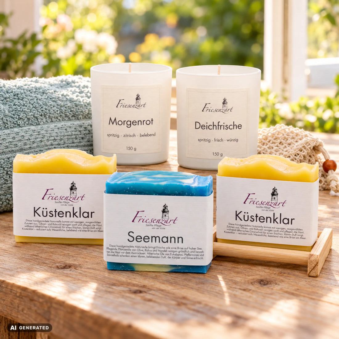Sommerabend – Zitrusreise: drei Naturseifen, Morgenrot und Deichfrische mit einzeln wählbarer Glasfarbe, helles Seifengitter, Leinenbeutel und blaugrünes Gästehandtuch. Beispielkombination.