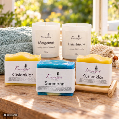 Sommerabend – Zitrusreise: drei Naturseifen, Morgenrot und Deichfrische mit einzeln wählbarer Glasfarbe, helles Seifengitter, Leinenbeutel und blaugrünes Gästehandtuch. Beispielkombination.