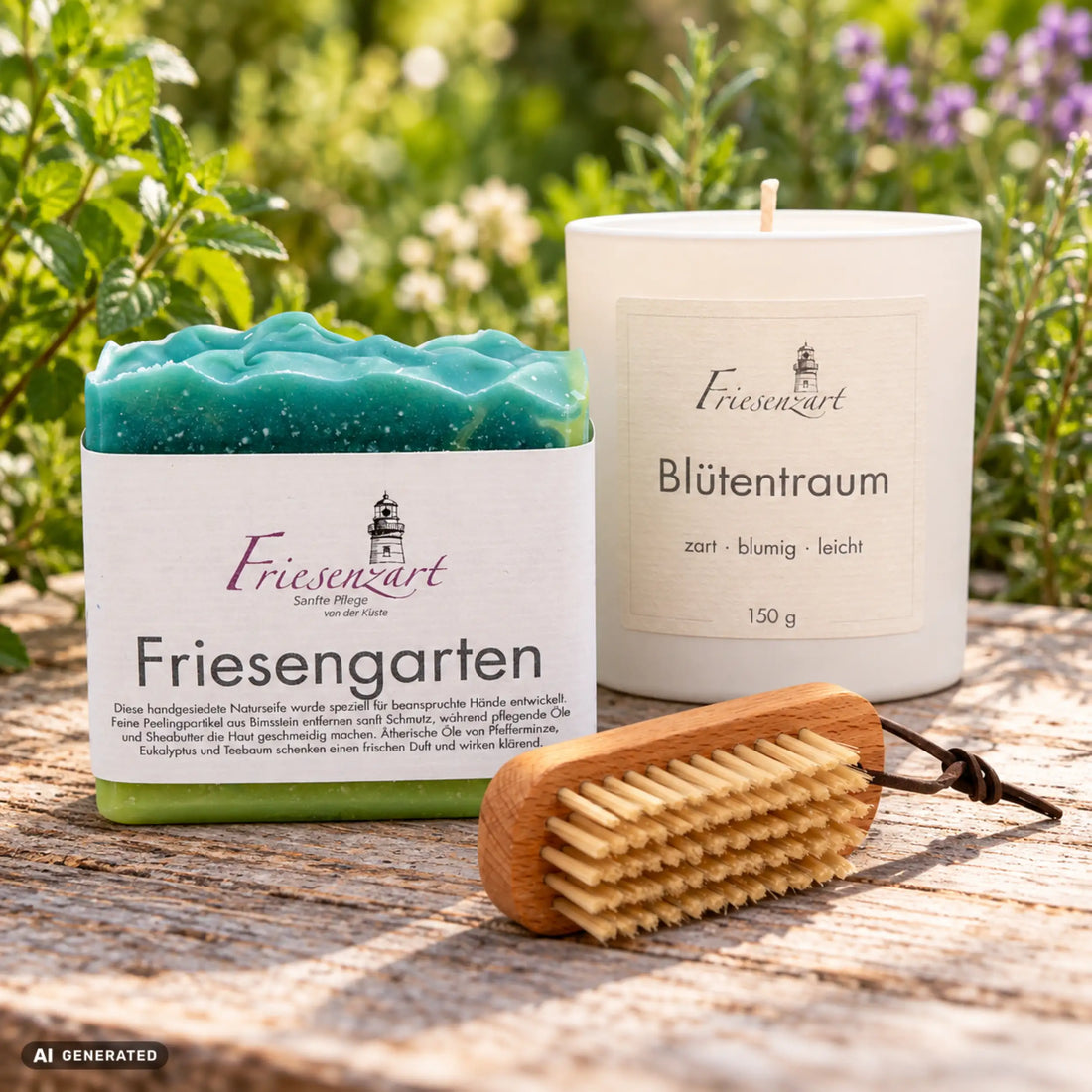 Gartenliebe – Nach dem Pflanzen: Friesengarten Naturseife, Blütentraum Duftkerze mit frei wählbarer Glasfarbe und Nagelbürste. Beispielkombination.