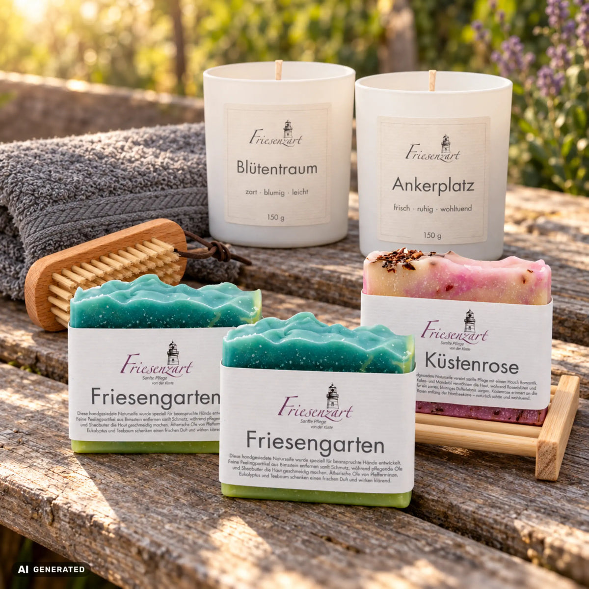 Gartenliebe – Gartenfeierabend – Friesenzart Naturseifen- und Duftkerzen-Set