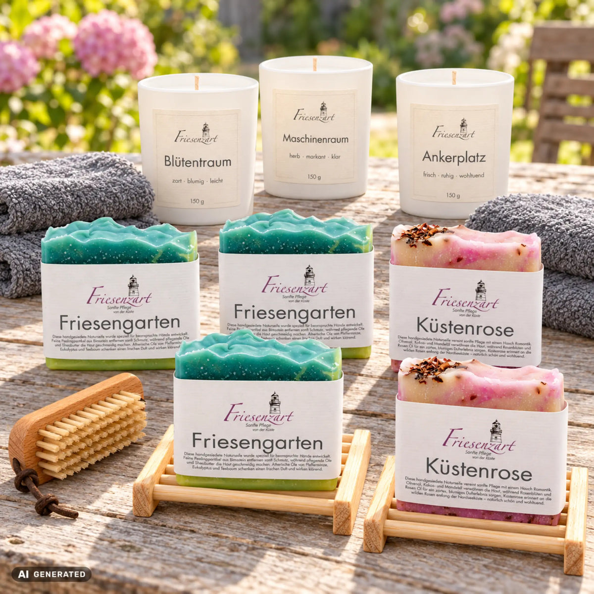 Gartenliebe – Gartensaison – Friesenzart Naturseifen- und Duftkerzen-Set