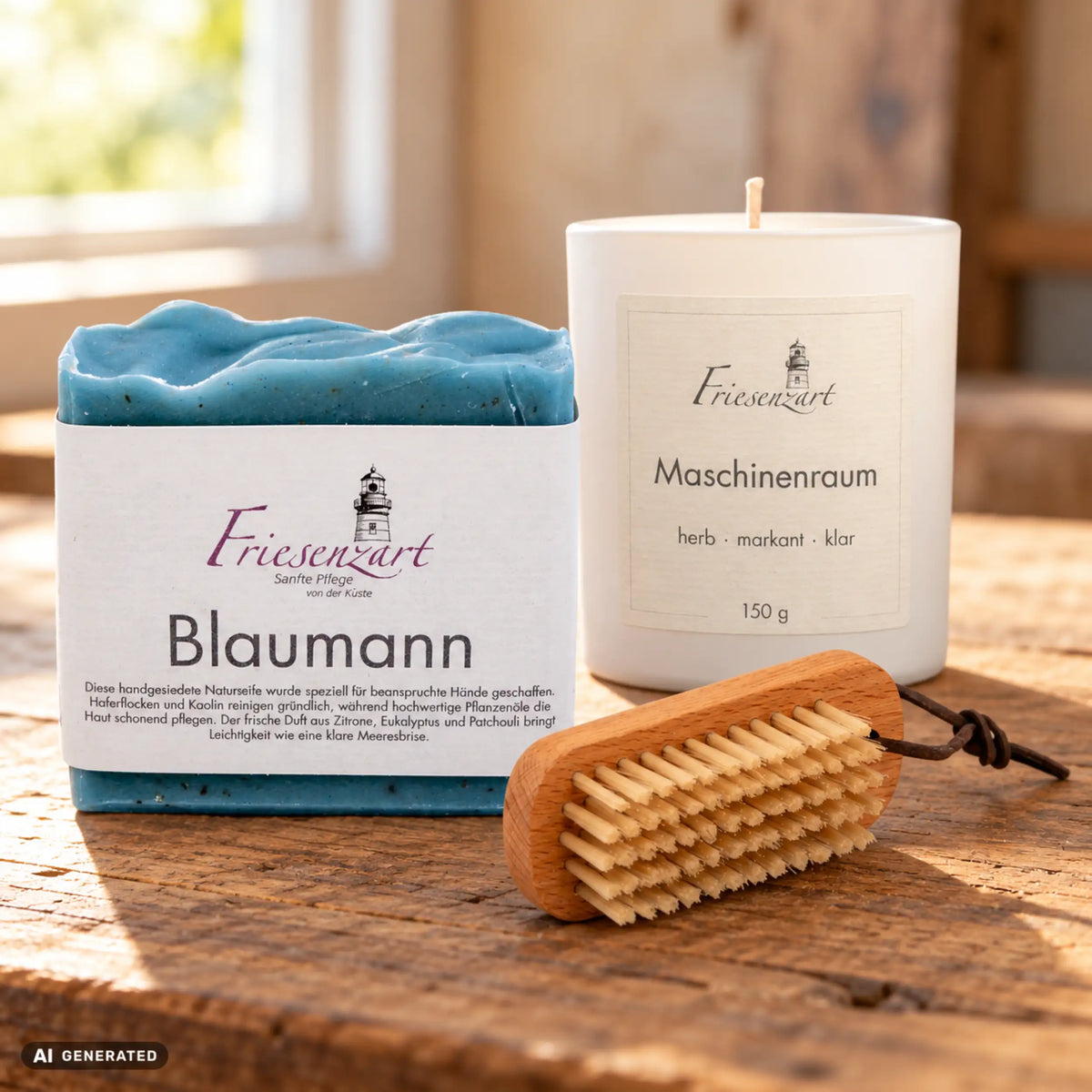 Nordwerk – Werkstattpause: Blaumann-Naturseife, Duftkerze Maschinenraum mit frei wählbarer Glasfarbe und Nagelbürste. Beispielkombination.
