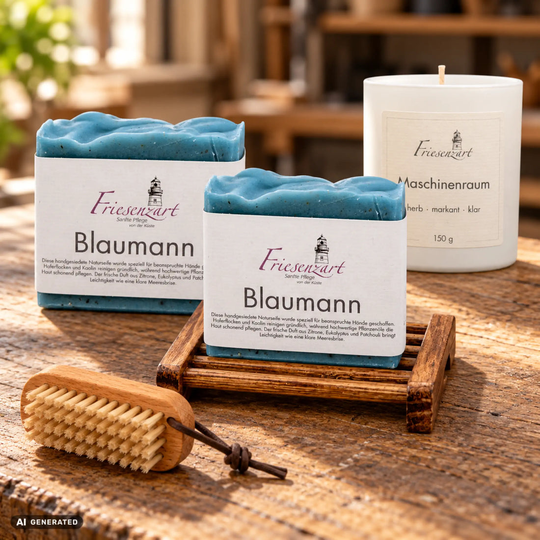 Nordwerk – Saubere Hände: zwei Blaumann-Naturseifen, Duftkerze Maschinenraum mit frei wählbarer Glasfarbe, Nagelbürste und dunkles Seifengitter. Beispielkombination.