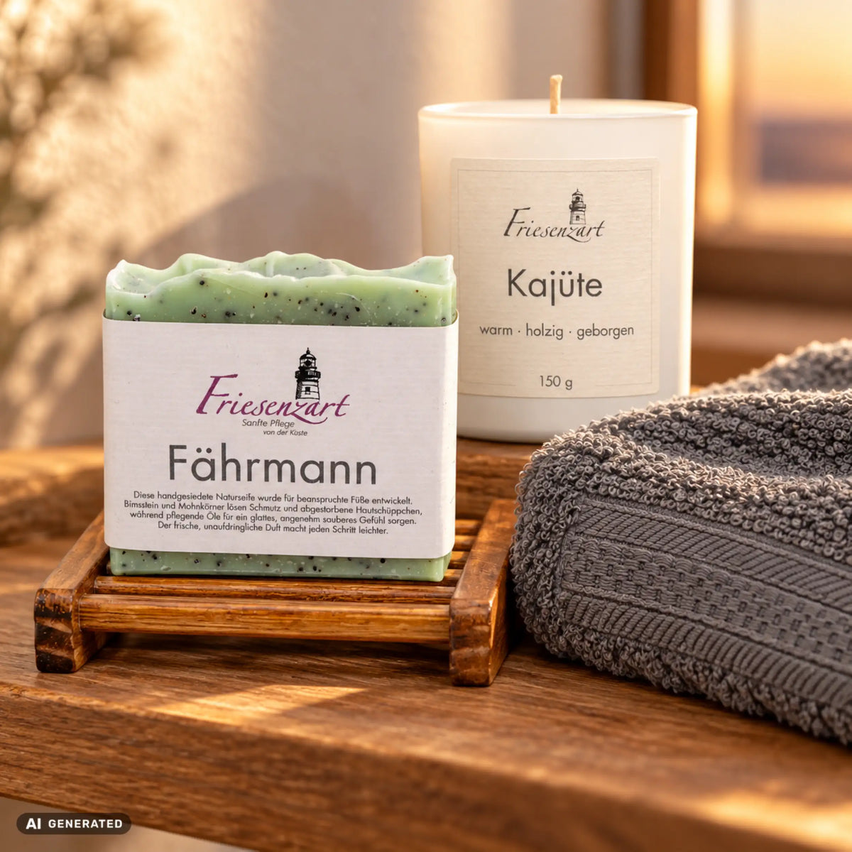 Feierabend – Füße hoch: Fährmann-Naturseife, Duftkerze Kajüte mit frei wählbarer Glasfarbe, dunkles Seifengitter und graues Gästehandtuch. Beispielkombination.
