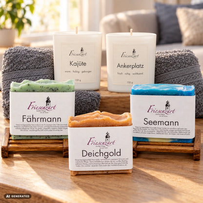 Feierabend – Von Kopf bis Fuß von Friesenzart mit 1 × Naturseife Fährmann, 1 × Naturseife Seemann, 1 × Naturseife Deichgold, 1 × Duftkerze Ankerplatz, 1 × Duftkerze Kajüte, 2 × Gitter dunkel, 2 × Handtuch Grau. Beispielkombination; jede Kerzenglasfarbe unabhängig frei wählbar.