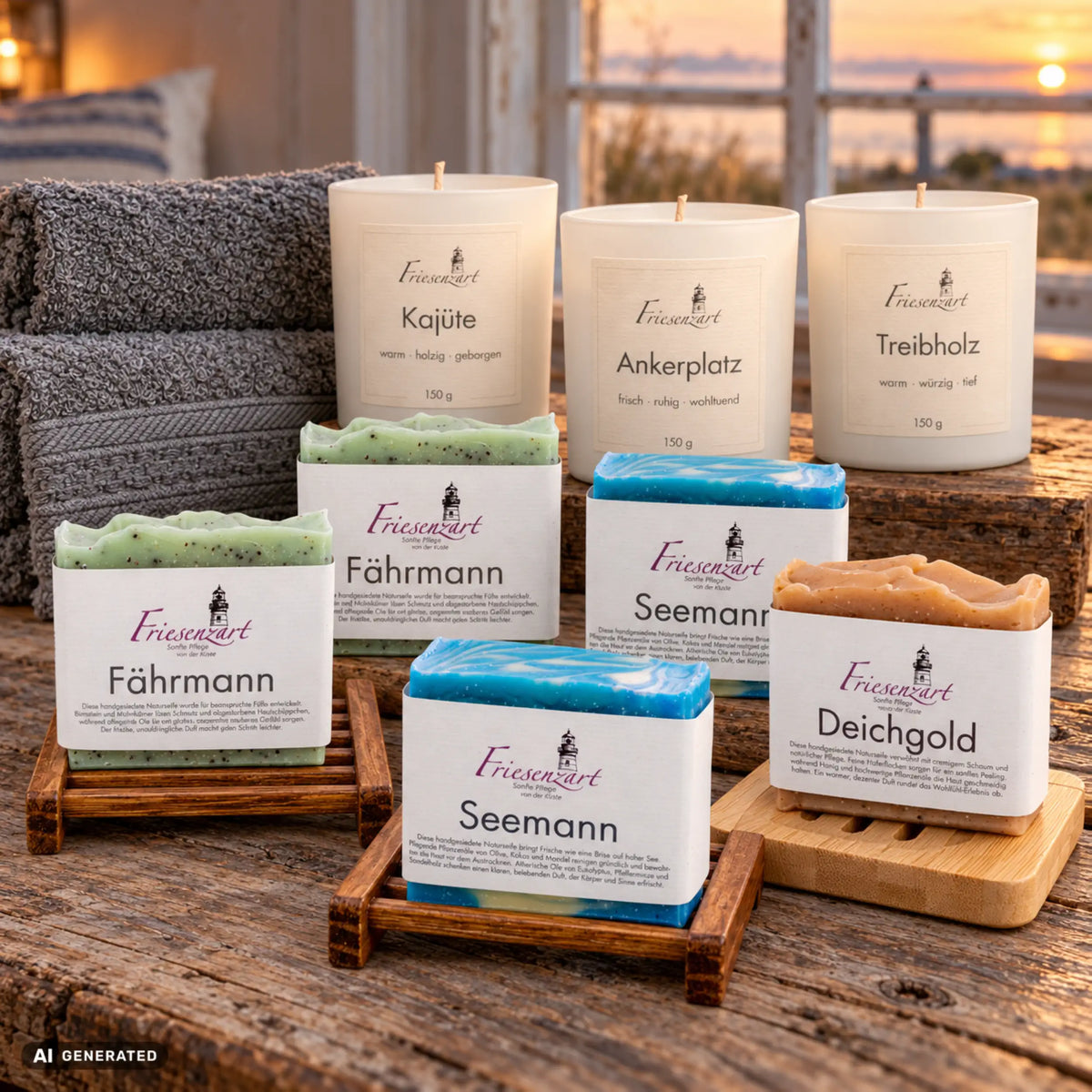 Feierabend – Auszeit auf Vorrat von Friesenzart mit 2 × Naturseife Fährmann, 2 × Naturseife Seemann, 1 × Naturseife Deichgold, 1 × Duftkerze Ankerplatz, 1 × Duftkerze Kajüte, 1 × Duftkerze Treibholz, 2 × Gitter dunkel, 1 × Holzschale kompakt, 2 × Handtuch Grau. Beispielkombination; jede Kerzenglasfarbe unabhängig frei wählbar.