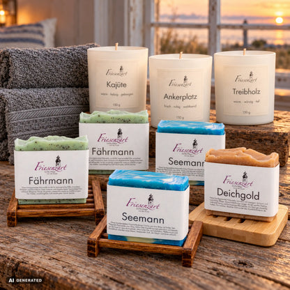 Feierabend – Auszeit auf Vorrat von Friesenzart mit 2 × Naturseife Fährmann, 2 × Naturseife Seemann, 1 × Naturseife Deichgold, 1 × Duftkerze Ankerplatz, 1 × Duftkerze Kajüte, 1 × Duftkerze Treibholz, 2 × Gitter dunkel, 1 × Holzschale kompakt, 2 × Handtuch Grau. Beispielkombination; jede Kerzenglasfarbe unabhängig frei wählbar.