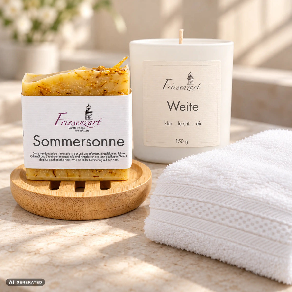 Sanfte Auszeit – Leichte Weite von Friesenzart mit 1 × Naturseife Sommersonne, 1 × Duftkerze Weite, 1 × Holzschale rund, 1 × Handtuch Weiß. Beispielkombination; Kerzenglasfarbe frei wählbar.