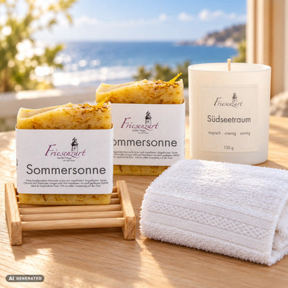 Sanfte Auszeit – Sonneninsel von Friesenzart mit 2 × Naturseife Sommersonne, 1 × Duftkerze Südseetraum, 1 × Gitter hell, 1 × Handtuch Weiß. Beispielkombination; Kerzenglasfarbe frei wählbar.