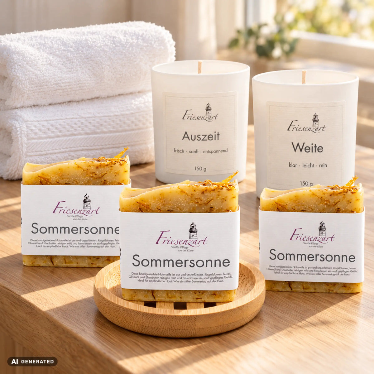 Sanfte Auszeit – Ruhige Momente von Friesenzart mit 3 × Naturseife Sommersonne, 1 × Duftkerze Weite, 1 × Duftkerze Auszeit, 1 × Holzschale rund, 2 × Handtuch Weiß. Beispielkombination; jede Kerzenglasfarbe unabhängig frei wählbar.