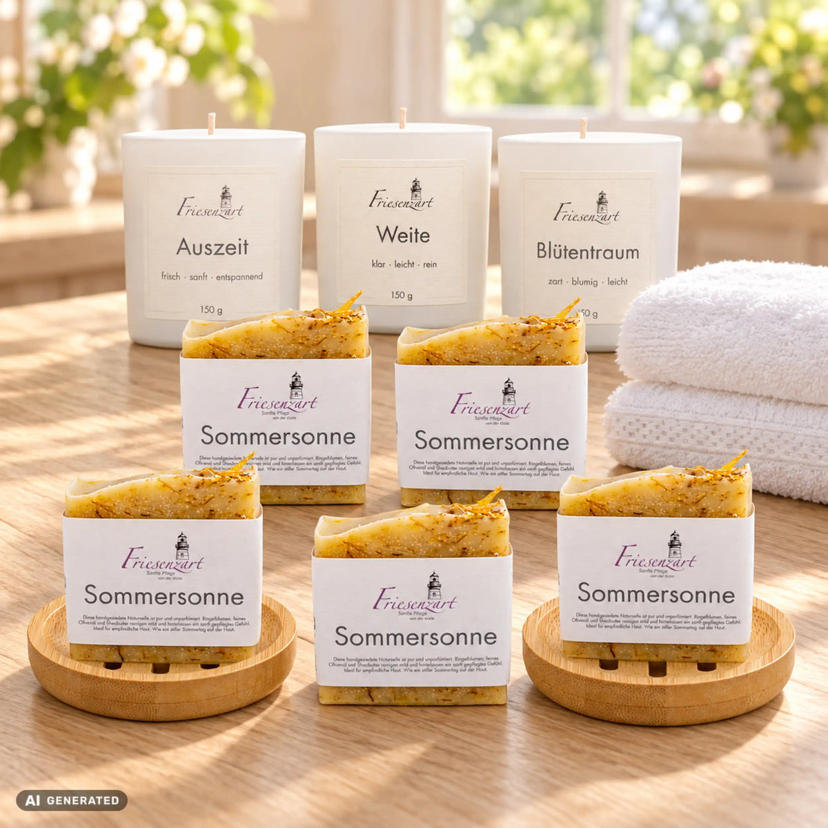 Sanfte Auszeit – Pflegevorrat von Friesenzart mit 5 × Naturseife Sommersonne, 1 × Duftkerze Weite, 1 × Duftkerze Auszeit, 1 × Duftkerze Blütentraum, 2 × Holzschale rund, 2 × Handtuch Weiß. Beispielkombination; jede Kerzenglasfarbe unabhängig frei wählbar.