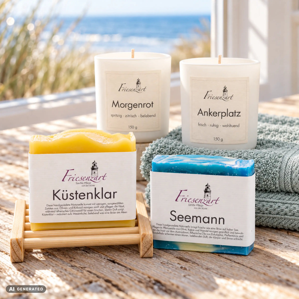 Moin, neuer Tag von Friesenzart mit 1 × Naturseife Küstenklar, 1 × Naturseife Seemann, 1 × Duftkerze Morgenrot, 1 × Duftkerze Ankerplatz, 1 × Gitter hell, 1 × Handtuch Blaugrün. Beispielkombination; jede Kerzenglasfarbe unabhängig frei wählbar.