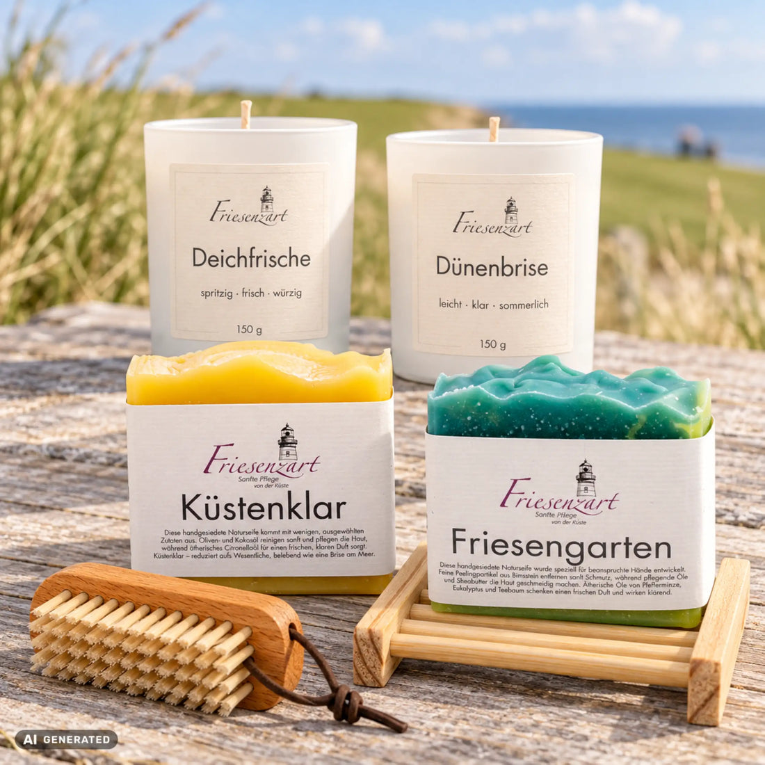 Spaziergang am Deich von Friesenzart mit 1 × Naturseife Küstenklar, 1 × Naturseife Friesengarten, 1 × Duftkerze Deichfrische, 1 × Duftkerze Dünenbrise, 1 × Nagelbürste, 1 × Gitter hell. Beispielkombination; jede Kerzenglasfarbe unabhängig frei wählbar.
