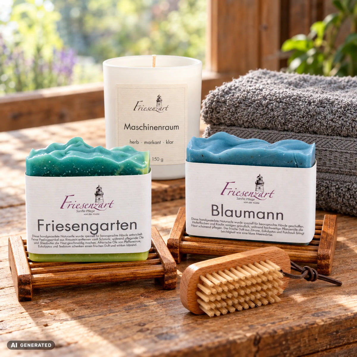 Garten &amp; Werkstatt von Friesenzart mit 1 × Naturseife Friesengarten, 1 × Naturseife Blaumann, 1 × Duftkerze Maschinenraum, 1 × Nagelbürste, 2 × Gitter dunkel, 1 × Handtuch Grau. Beispielkombination; Kerzenglasfarbe frei wählbar.