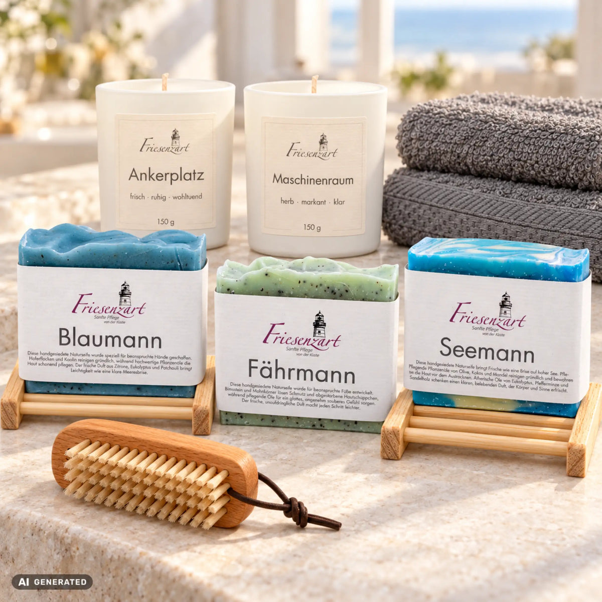 Hände, Körper, Füße von Friesenzart mit 1 × Naturseife Blaumann, 1 × Naturseife Seemann, 1 × Naturseife Fährmann, 1 × Duftkerze Maschinenraum, 1 × Duftkerze Ankerplatz, 1 × Nagelbürste, 2 × Gitter hell, 2 × Handtuch Grau. Beispielkombination; jede Kerzenglasfarbe unabhängig frei wählbar.