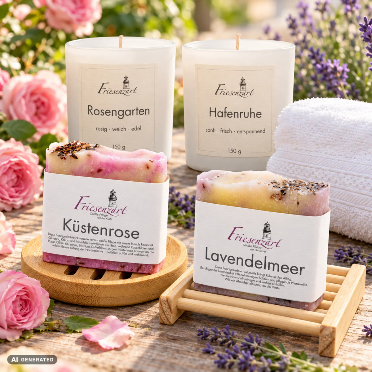 Blüten &amp; Kräuter von Friesenzart mit 1 × Naturseife Küstenrose, 1 × Naturseife Lavendelmeer, 1 × Duftkerze Rosengarten, 1 × Duftkerze Hafenruhe, 1 × Holzschale rund, 1 × Gitter hell, 1 × Handtuch Weiß. Beispielkombination; jede Kerzenglasfarbe unabhängig frei wählbar.