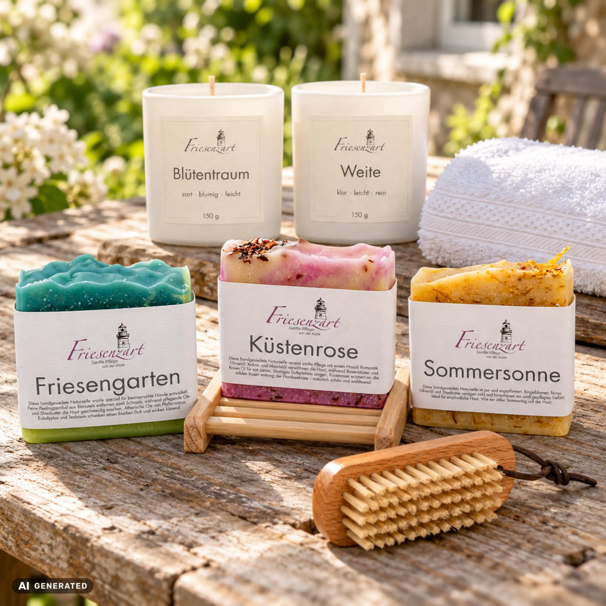 Landurlaub von Friesenzart mit 1 × Naturseife Friesengarten, 1 × Naturseife Küstenrose, 1 × Naturseife Sommersonne, 1 × Duftkerze Blütentraum, 1 × Duftkerze Weite, 1 × Nagelbürste, 1 × Gitter hell, 1 × Handtuch Weiß. Beispielkombination; jede Kerzenglasfarbe unabhängig frei wählbar.