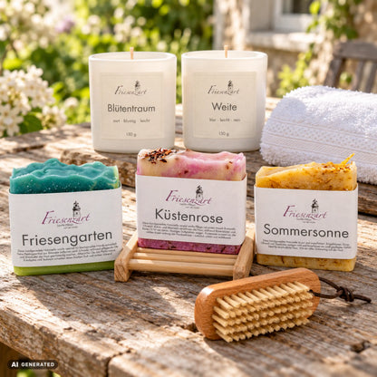Landurlaub von Friesenzart mit 1 × Naturseife Friesengarten, 1 × Naturseife Küstenrose, 1 × Naturseife Sommersonne, 1 × Duftkerze Blütentraum, 1 × Duftkerze Weite, 1 × Nagelbürste, 1 × Gitter hell, 1 × Handtuch Weiß. Beispielkombination; jede Kerzenglasfarbe unabhängig frei wählbar.