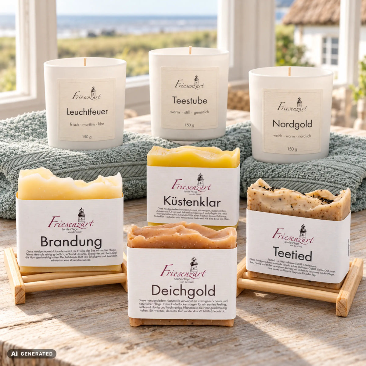 Willkommen in Ostfriesland von Friesenzart mit 1 × Naturseife Brandung, 1 × Naturseife Küstenklar, 1 × Naturseife Deichgold, 1 × Naturseife Teetied, 1 × Duftkerze Leuchtfeuer, 1 × Duftkerze Teestube, 1 × Duftkerze Nordgold, 2 × Gitter hell, 2 × Handtuch Blaugrün. Beispielkombination; jede Kerzenglasfarbe unabhängig frei wählbar.