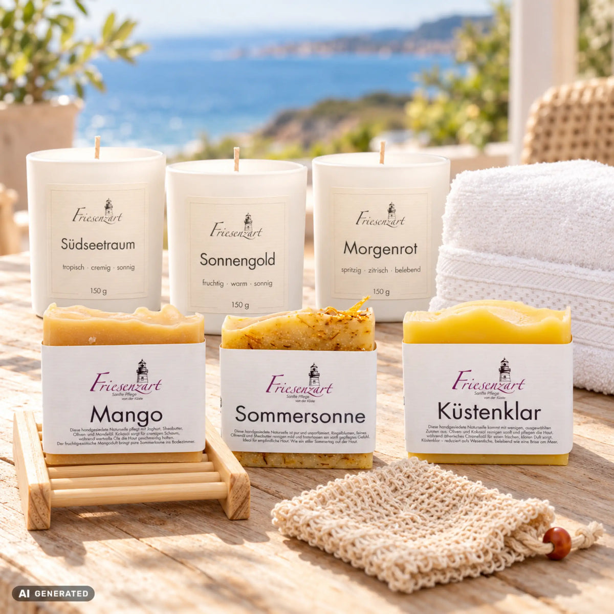 Sommerreise von Friesenzart mit 1 × Naturseife Mango, 1 × Naturseife Küstenklar, 1 × Naturseife Sommersonne, 1 × Duftkerze Sonnengold, 1 × Duftkerze Südseetraum, 1 × Duftkerze Morgenrot, 1 × Gitter hell, 1 × Leinenbeutel, 1 × Handtuch Weiß. Beispielkombination; jede Kerzenglasfarbe unabhängig frei wählbar.