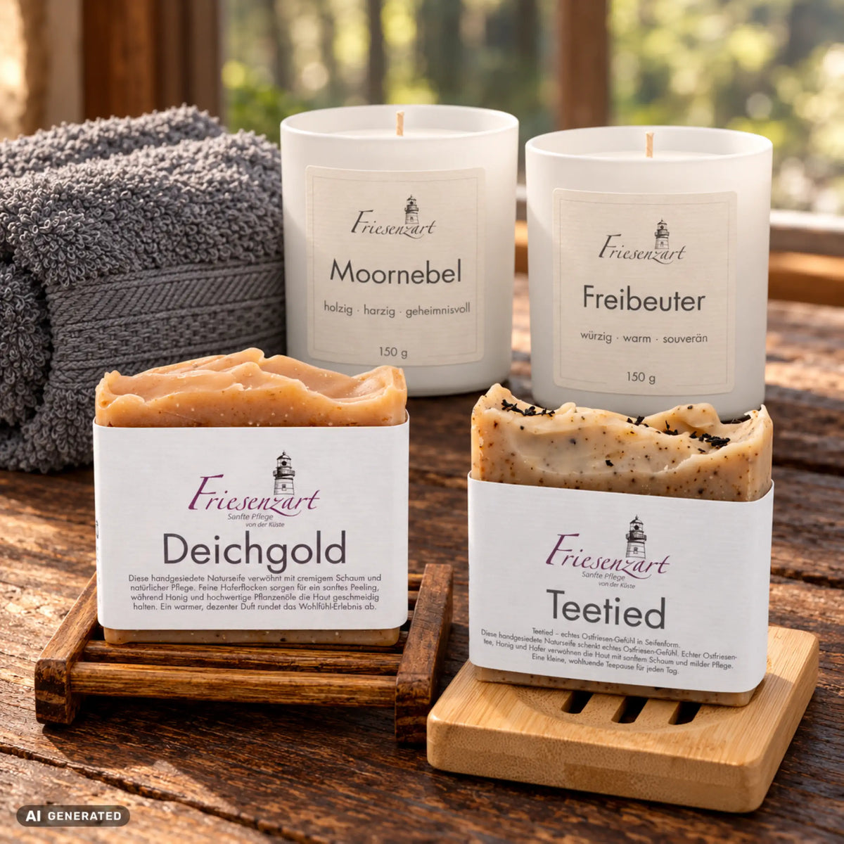 Wald &amp; Wärme von Friesenzart mit 1 × Naturseife Deichgold, 1 × Naturseife Teetied, 1 × Duftkerze Moornebel, 1 × Duftkerze Freibeuter, 1 × Gitter dunkel, 1 × Holzschale kompakt, 1 × Handtuch Grau. Beispielkombination; jede Kerzenglasfarbe unabhängig frei wählbar.