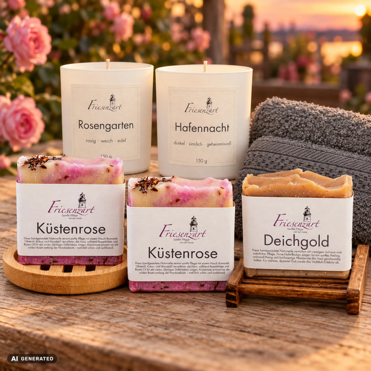 Rosen bei Nacht von Friesenzart mit 2 × Naturseife Küstenrose, 1 × Naturseife Deichgold, 1 × Duftkerze Rosengarten, 1 × Duftkerze Hafennacht, 1 × Holzschale rund, 1 × Gitter dunkel, 1 × Handtuch Grau. Beispielkombination; jede Kerzenglasfarbe unabhängig frei wählbar.