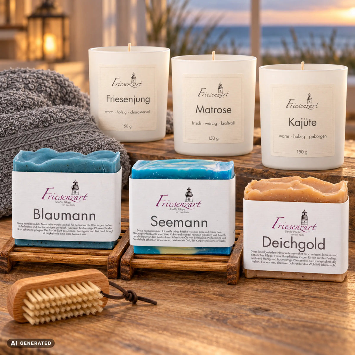 Friesencharakter von Friesenzart mit 1 × Naturseife Blaumann, 1 × Naturseife Seemann, 1 × Naturseife Deichgold, 1 × Duftkerze Matrose, 1 × Duftkerze Friesenjung, 1 × Duftkerze Kajüte, 1 × Nagelbürste, 2 × Gitter dunkel, 1 × Handtuch Grau. Beispielkombination; jede Kerzenglasfarbe unabhängig frei wählbar.