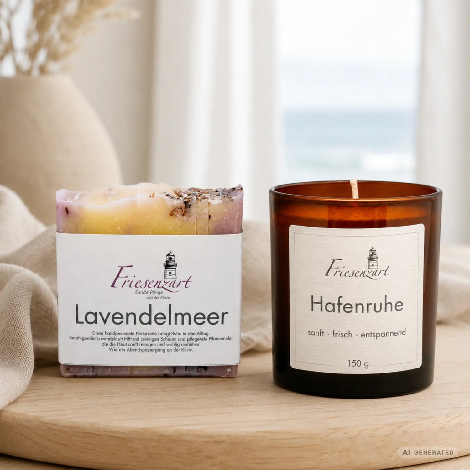 Abendruhe – Friesenzart Duft- &amp; Pflegeset mit Naturseife Lavendelmeer und Duftkerze Hafenruhe
