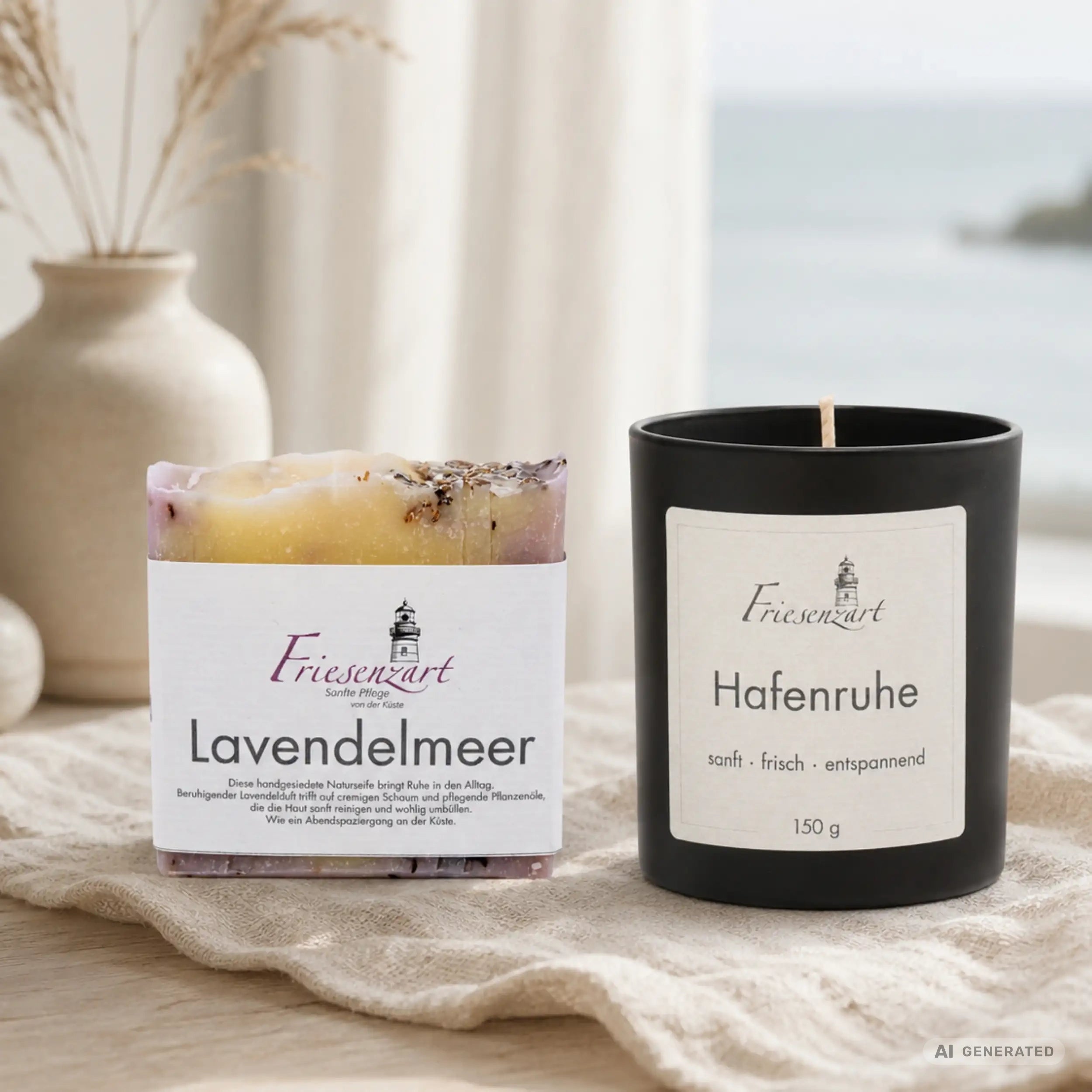 Abendruhe – Friesenzart Duft- &amp; Pflegeset mit Naturseife Lavendelmeer und Duftkerze Hafenruhe